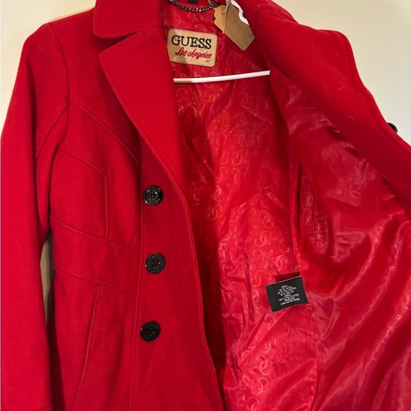Vintage Y2K GUESS Preppy Pea Coat Women's Cherry Red Wool Jacket - Size Small - Picture 9 of 14